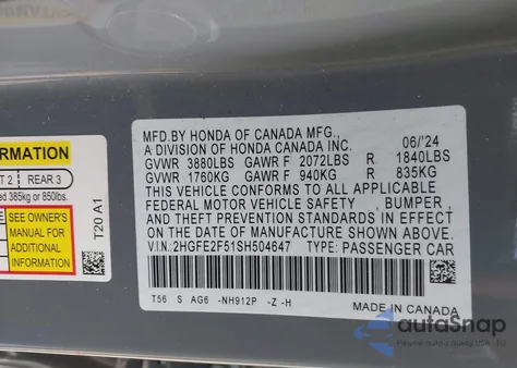 2025 Honda Civic Sport z USA, uszkodzony, nr VIN 2HGFE2F51SH504647